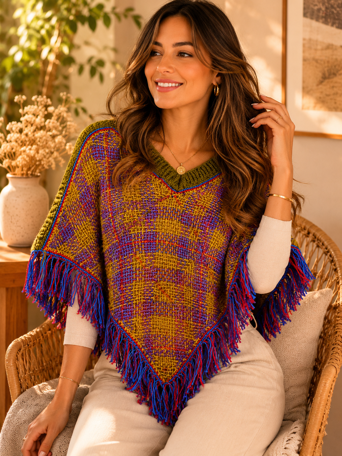 Modelo usando poncho artesanal de lana